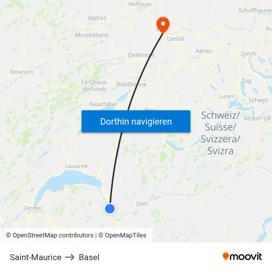 Saint-Maurice to Basel map