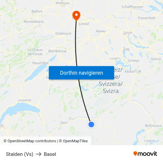 Stalden (Vs) to Basel map