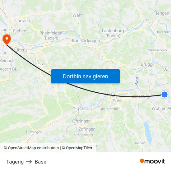 Tägerig to Basel map
