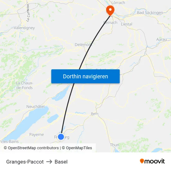 Granges-Paccot to Basel map