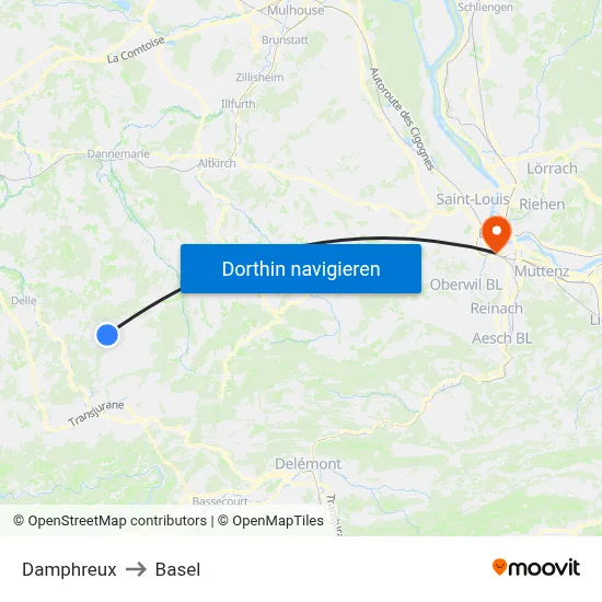 Damphreux to Basel map