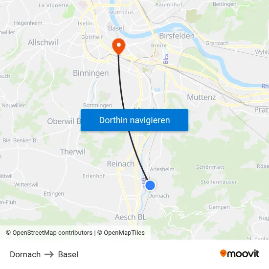 Dornach to Basel map