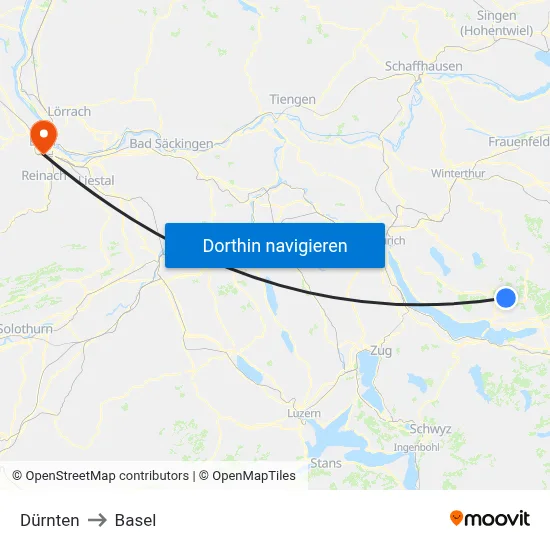 Dürnten to Basel map