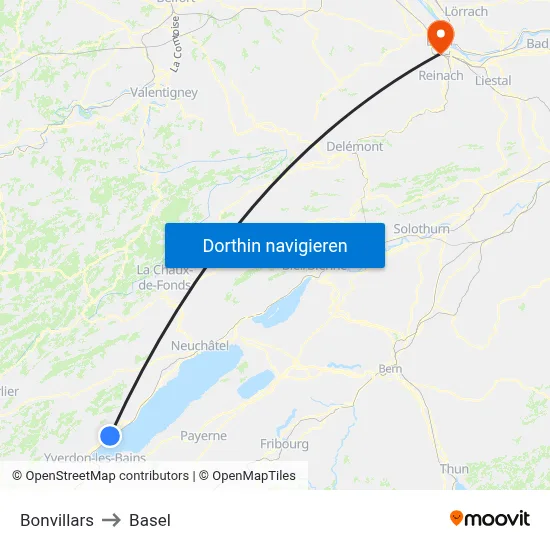 Bonvillars to Basel map