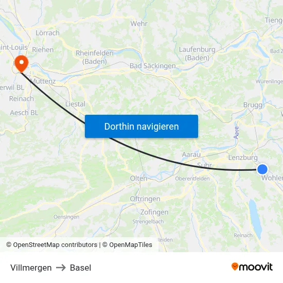 Villmergen to Basel map