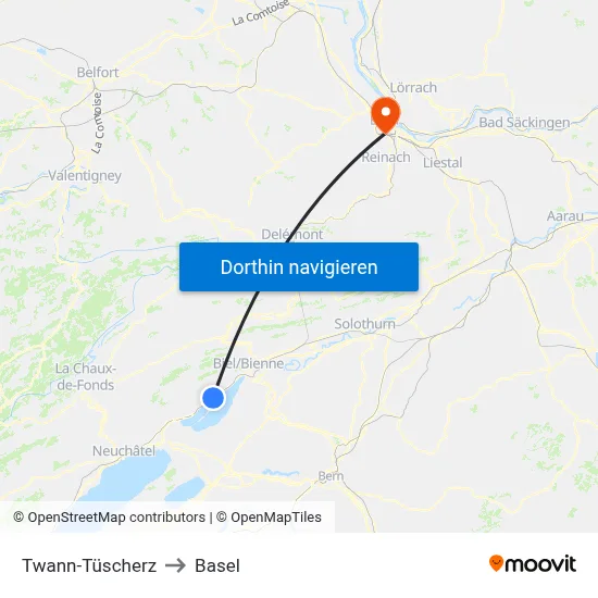 Twann-Tüscherz to Basel map