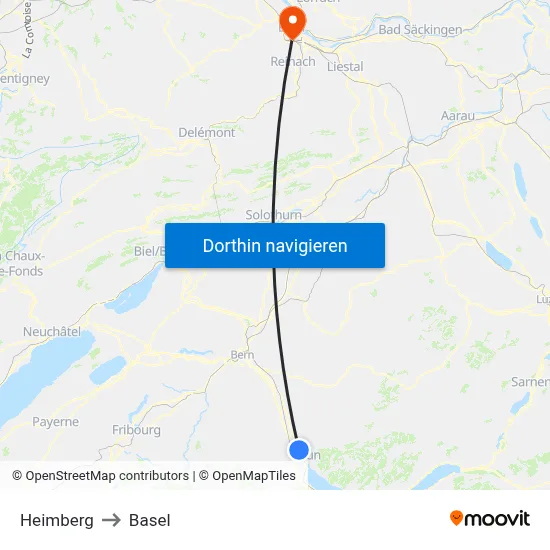 Heimberg to Basel map