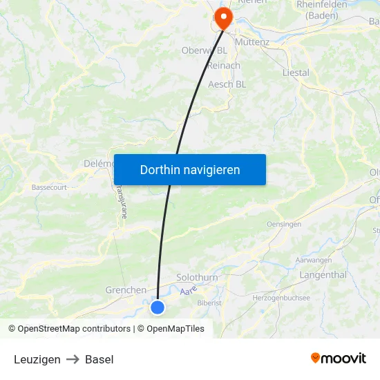 Leuzigen to Basel map