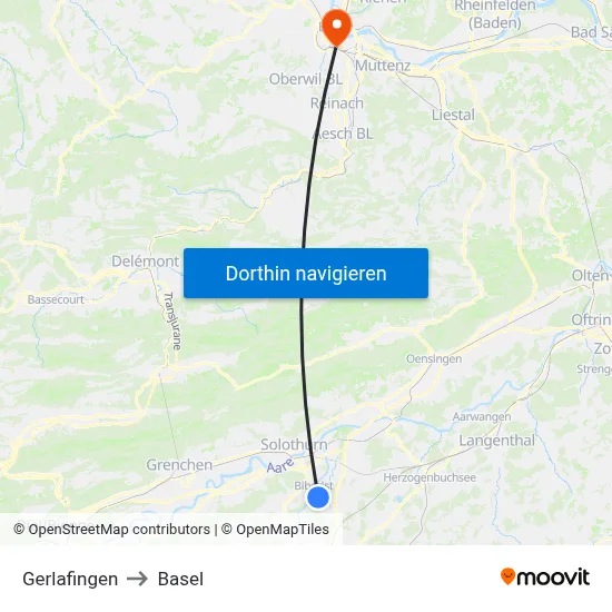Gerlafingen to Basel map