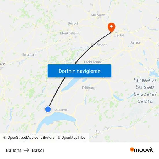 Ballens to Basel map