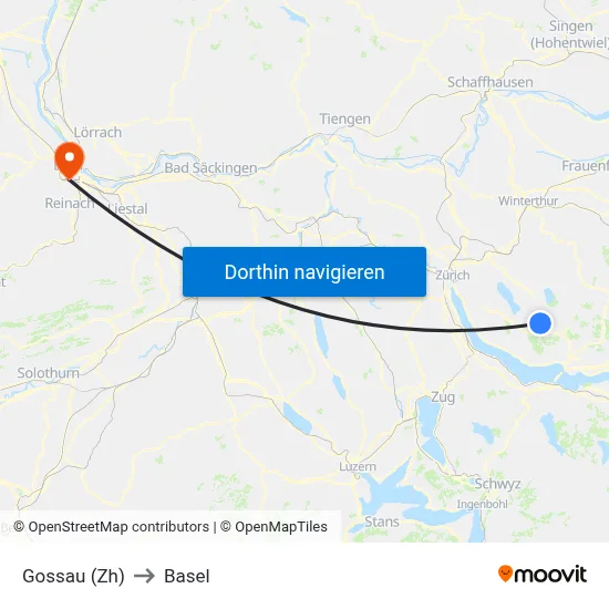 Gossau (Zh) to Basel map