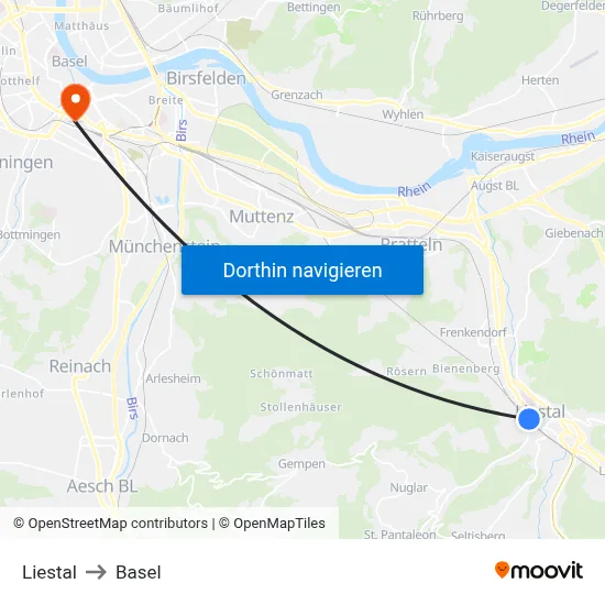 Liestal to Basel map