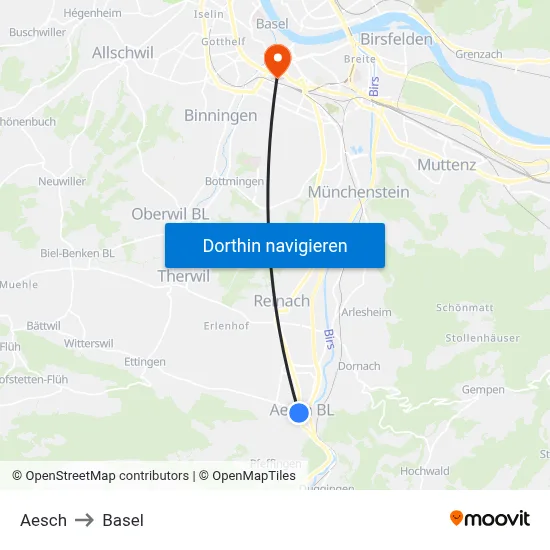 Aesch to Basel map