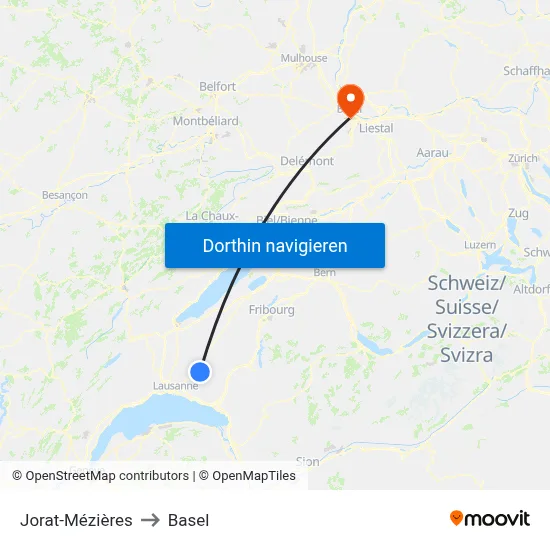 Jorat-Mézières to Basel map