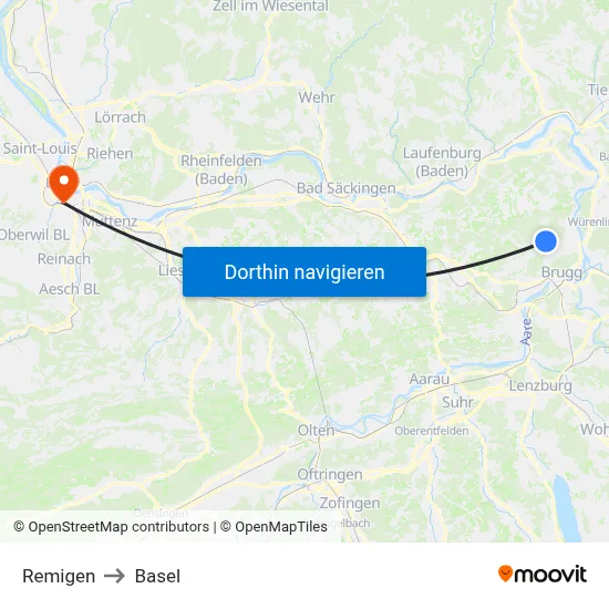 Remigen to Basel map