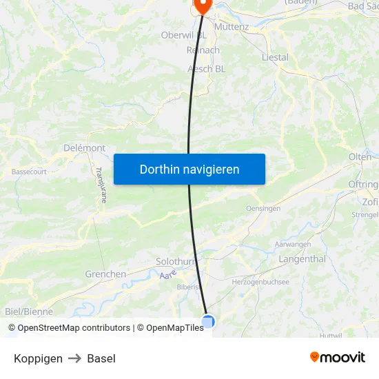 Koppigen to Basel map