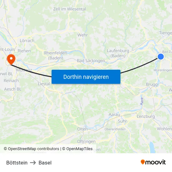 Böttstein to Basel map