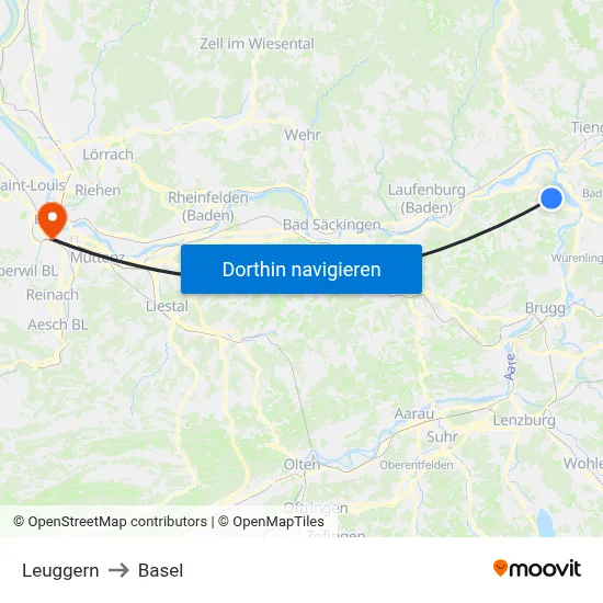 Leuggern to Basel map