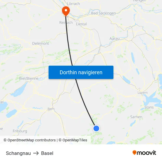 Schangnau to Basel map