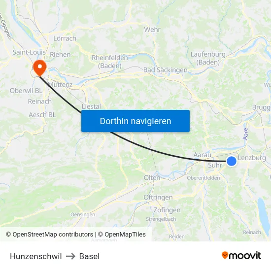 Hunzenschwil to Basel map