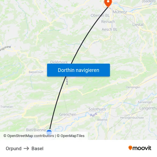 Orpund to Basel map
