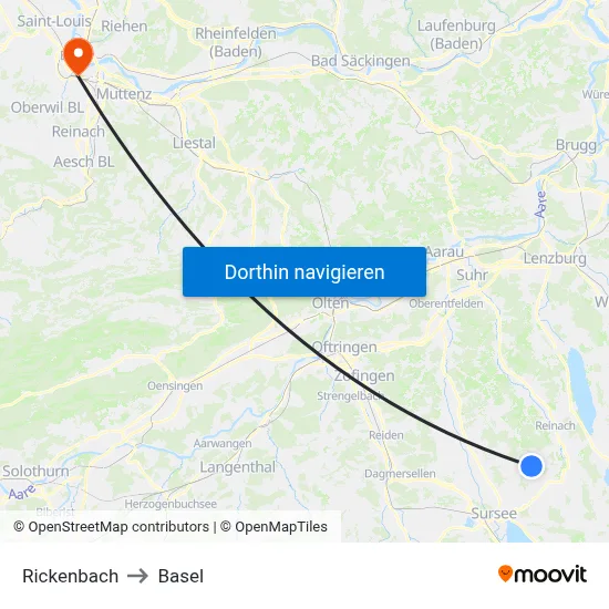 Rickenbach to Basel map