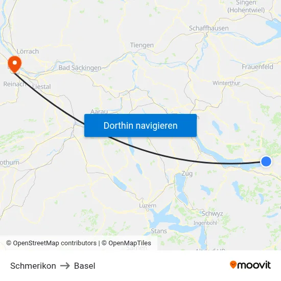 Schmerikon to Basel map