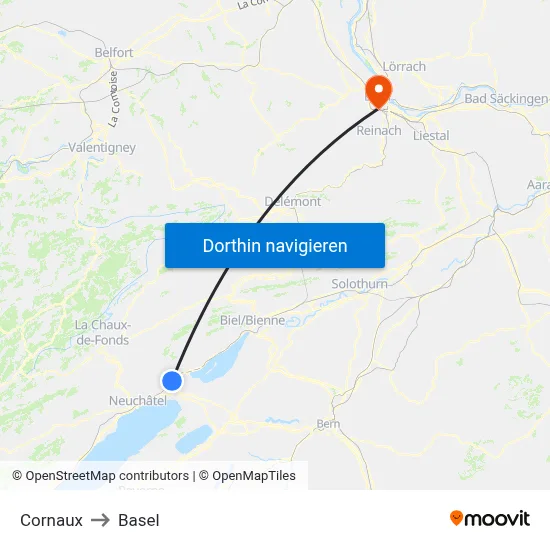 Cornaux to Basel map