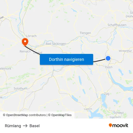 Rümlang to Basel map