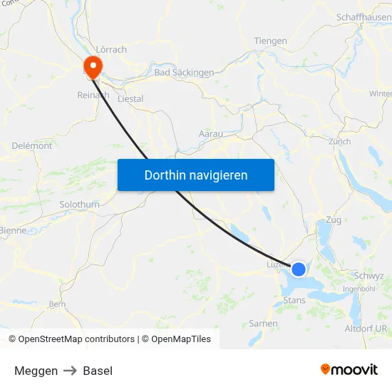 Meggen to Basel map