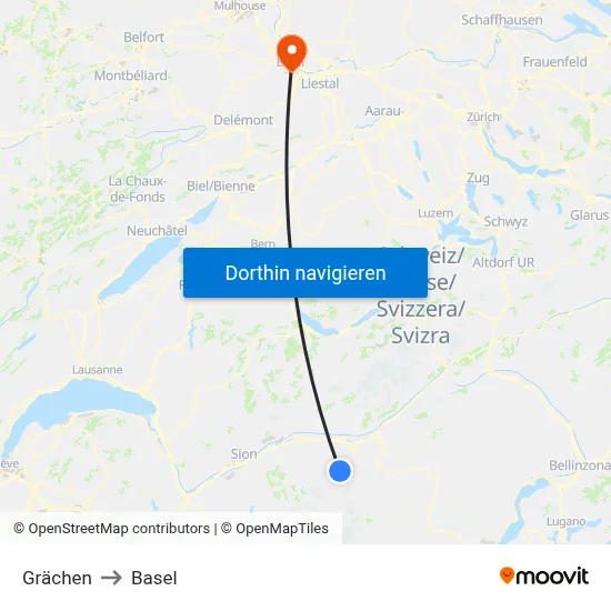 Grächen to Basel map