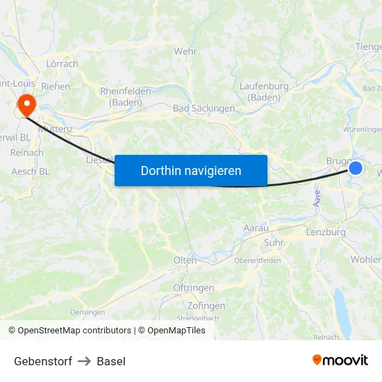 Gebenstorf to Basel map