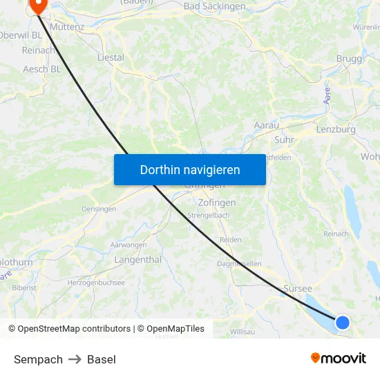 Sempach to Basel map