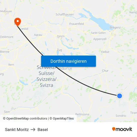 Sankt Moritz to Basel map