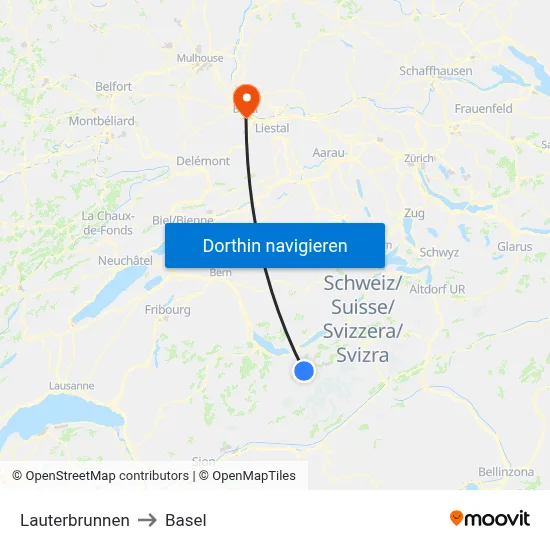 Lauterbrunnen to Basel map