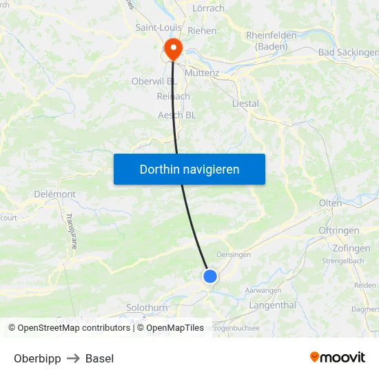 Oberbipp to Basel map