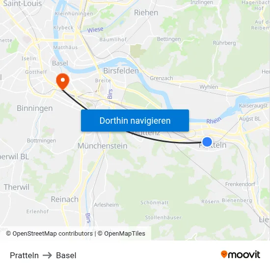 Pratteln to Basel map
