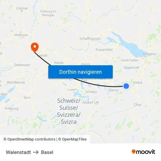 Walenstadt to Basel map
