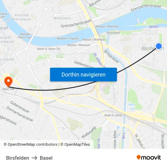 Birsfelden to Basel map