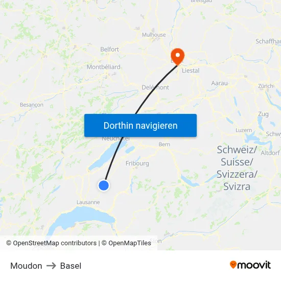 Moudon to Basel map