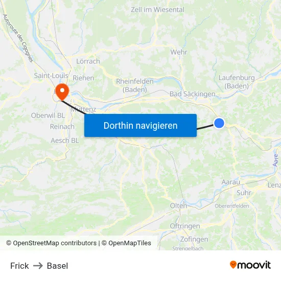 Frick to Basel map