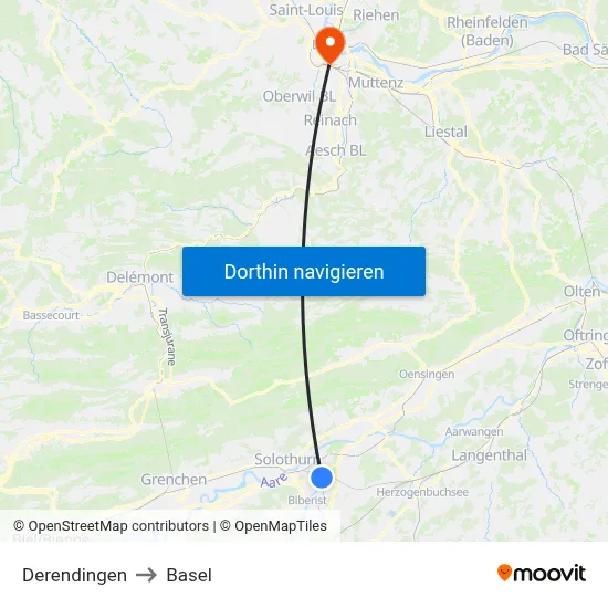 Derendingen to Basel map