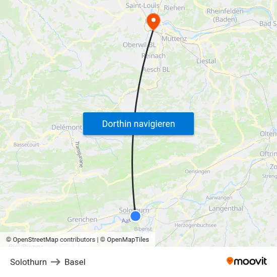 Solothurn to Basel map