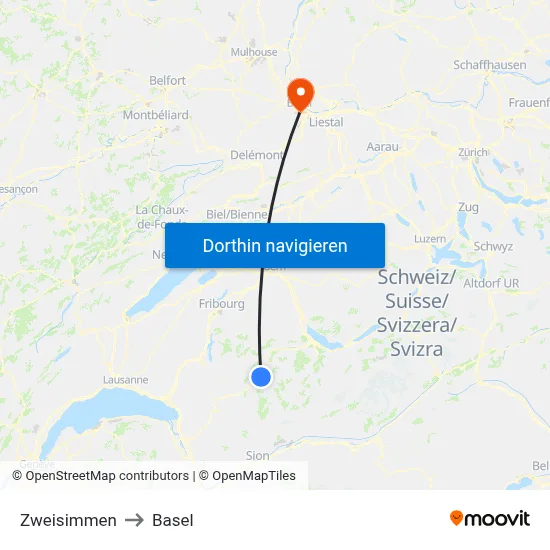 Zweisimmen to Basel map