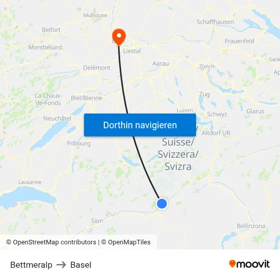 Bettmeralp to Basel map