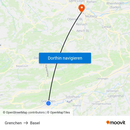 Grenchen to Basel map
