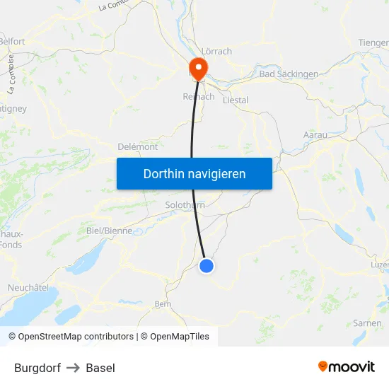 Burgdorf to Basel map