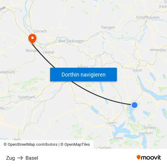 Zug to Basel map