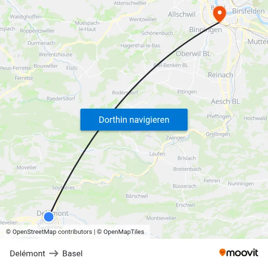 Delémont to Basel map