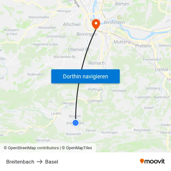 Breitenbach to Basel map